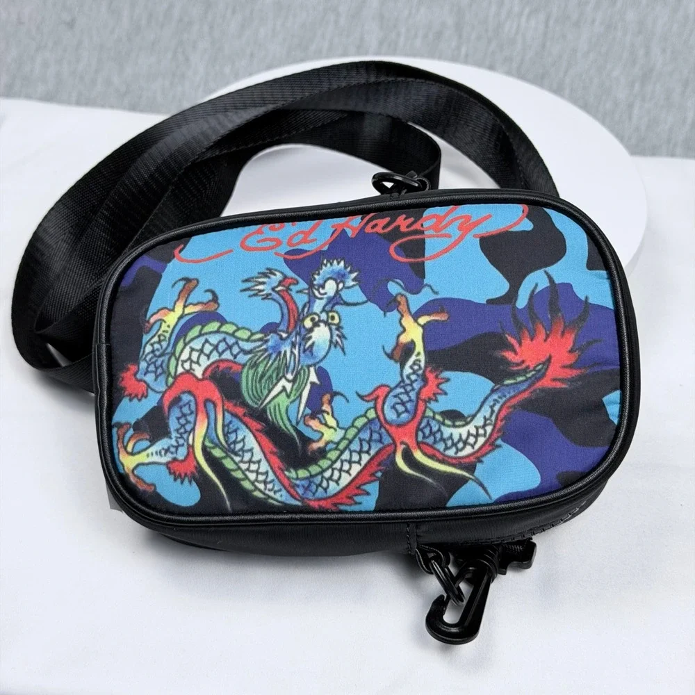 Ed Hardy Dragon Camo Crossbody Bag Black Blue Nylon Messenger Festival Bag NEW